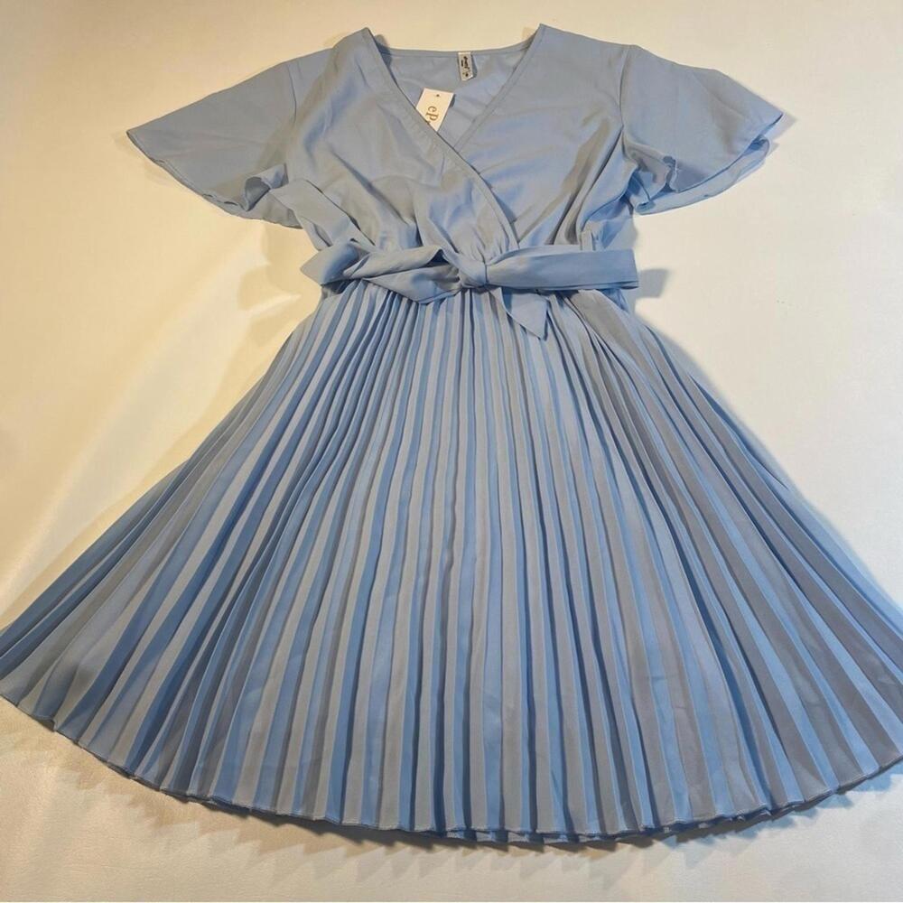 NWT ePretty Sz S Sky Blue Flutter Sleeve Cross Front Pleated Dress W Waist Sash‎